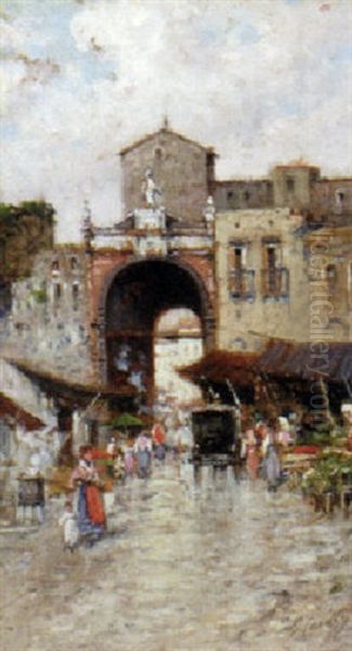 Flower Market In Naples Oil Painting by Giuseppe Carelli