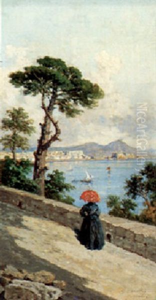 Walking Along The Boardwalk In Naples Oil Painting by Giuseppe Carelli