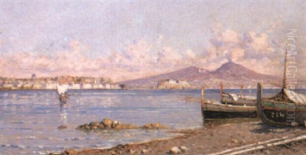 Boats In The Bay Of Naples Oil Painting by Giuseppe Carelli