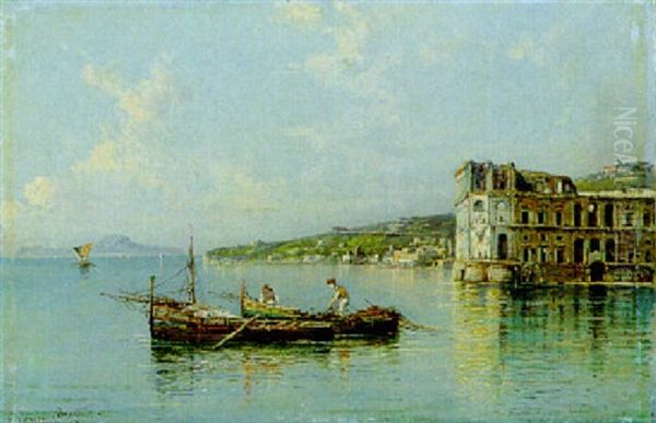 Pescatori A Palazzo Donn'anna Oil Painting by Giuseppe Carelli