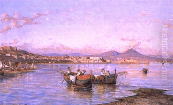 Marina Napoletana Con Barche Di Pescatori E Vesuvio Oil Painting by Giuseppe Carelli