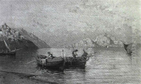 Fishing Boats Off A Coast Oil Painting by Giuseppe Carelli