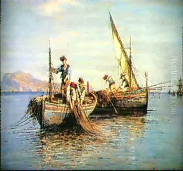 Fishermen Pulling In Their Nets Oil Painting by Giuseppe Carelli