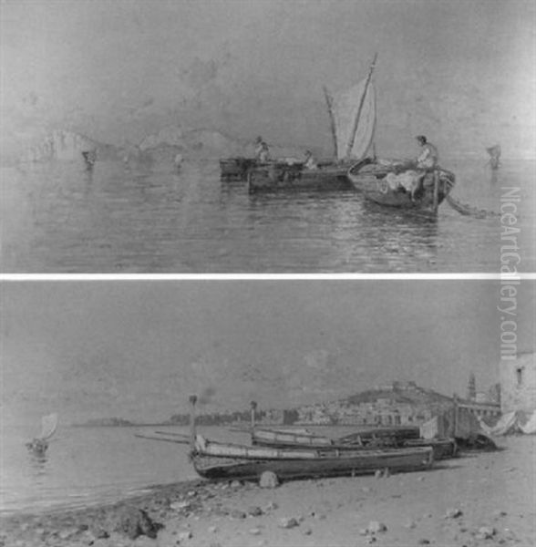 Fishermen Tending Their Nets In The Bay Of Naples   A Companion by Giuseppe Carelli