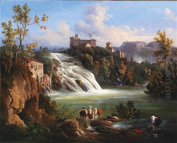 A View Of Liri Island With Valcatoio Waterfall And Washerwomen In The Foreground Oil Painting by Raffaele Carelli