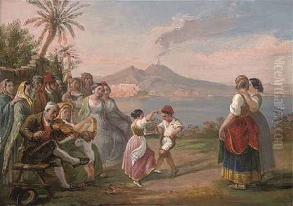 Young Dancers Overlooking The Bay Of Naples Oil Painting by Raffaele Carelli