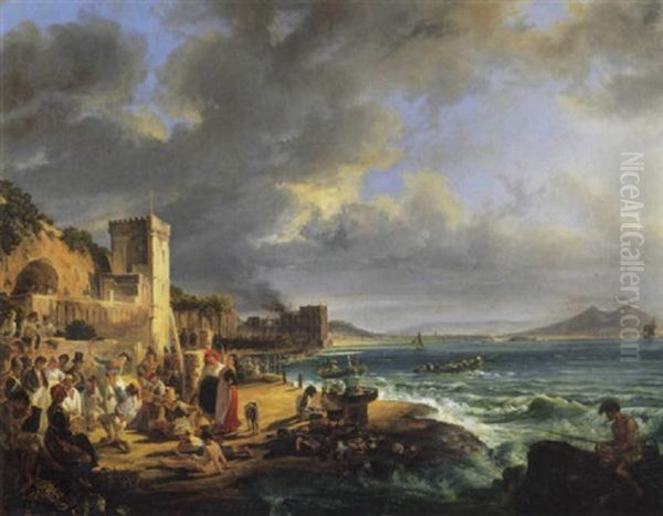 Tarantella Allo Scoglio Di Frisio, 1830 Oil Painting by Raffaele Carelli