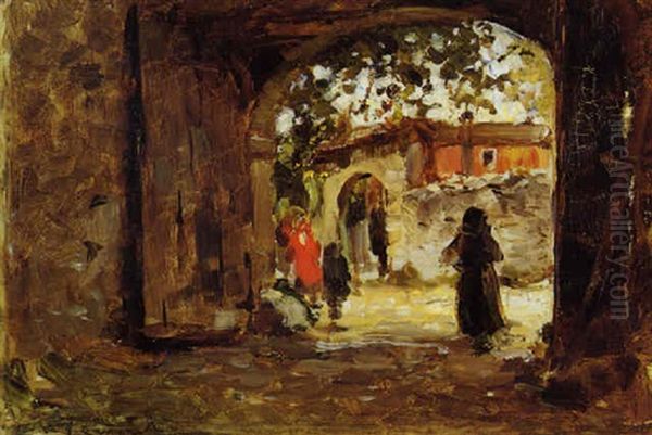 Figure In Un Cortile Oil Painting by Vittore Antonio Cargnel