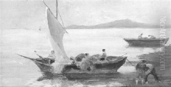 Fischerboote Am Ufer Oil Painting by Vittore Antonio Cargnel