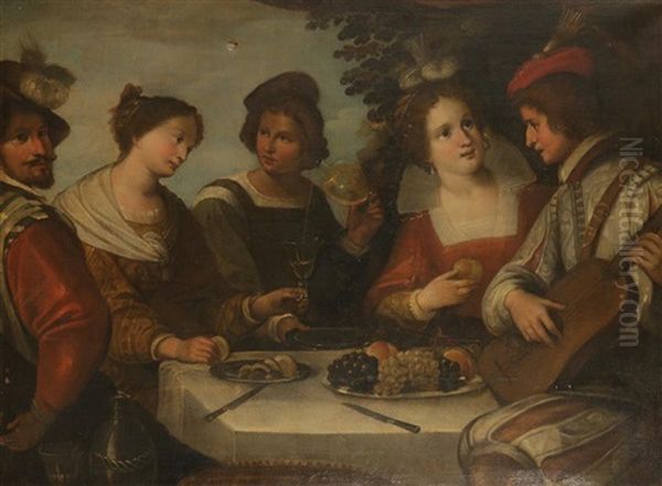 A Concert Party With Figures Eating Fruit And Drinking At A Table Oil Painting by Giovanni Cariani