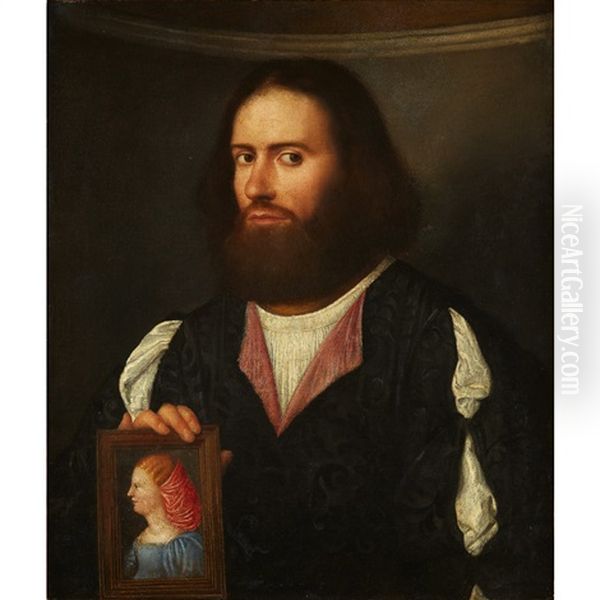 Portrait Of A Gentleman, Half-length, Holding A Portrait Of A Lady Oil Painting by Giovanni Cariani