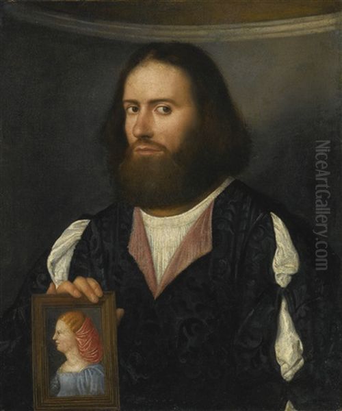 Portrait Of A Gentleman, Half Length, Holding A Portrait Of A Lady Oil Painting by Giovanni Cariani