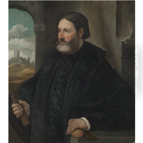 Portrait Of A Bearded Gentleman, Wearing A Black Shirt And Cape, Holding Gloves In His Right Hand And A Lemon In His Left, A Landscape Beyond Oil Painting by Giovanni Cariani