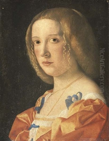 Portrait Of A Young Lady, Bust-length, In A Blue-bowed Orange Dress Oil Painting by Giovanni Cariani