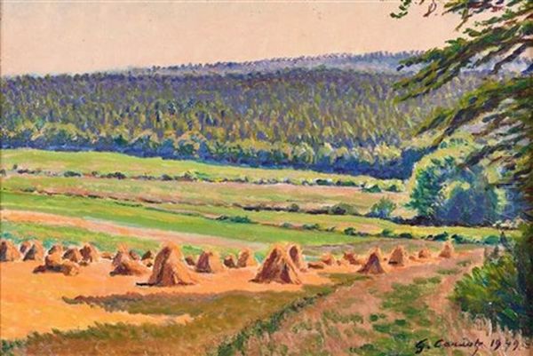 Landscape With Haystacks And Forest Oil Painting by Gustave Camille Gaston Cariot