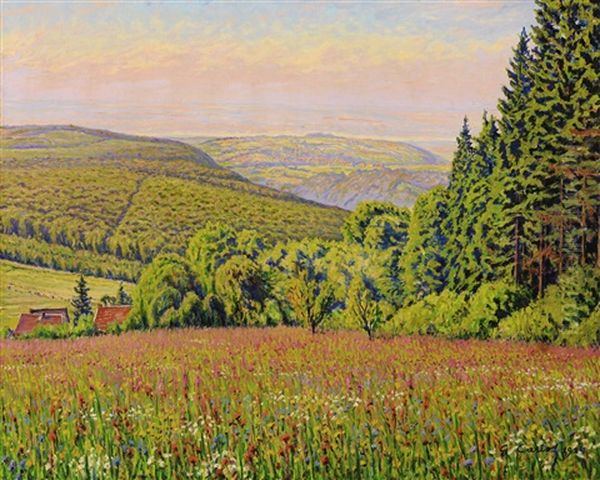 Paysage De Rhenanie Aux Champs Fleuris Oil Painting by Gustave Camille Gaston Cariot