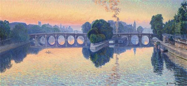 La Seine A Paris, Soleil Levant Sur Le Pont-neuf Oil Painting by Gustave Camille Gaston Cariot