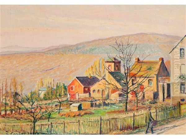 A Figure Walking Beside Buildings With Hills Beyond Oil Painting by Gustave Camille Gaston Cariot