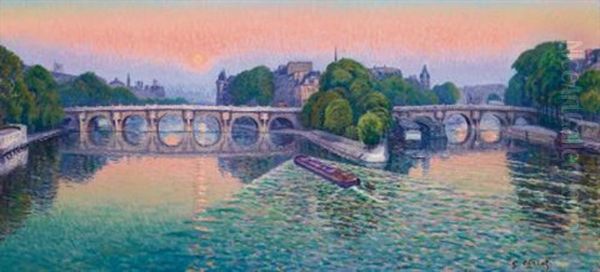 Crepuscule, Lever De Lune Sur Le Pont Neuf Oil Painting by Gustave Camille Gaston Cariot