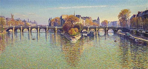 Le Pont Neuf A Paris (beau Temps Clair) Oil Painting by Gustave Camille Gaston Cariot