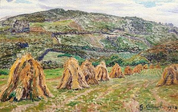 Landscape With Haystacks, Moissoon, France Oil Painting by Gustave Camille Gaston Cariot