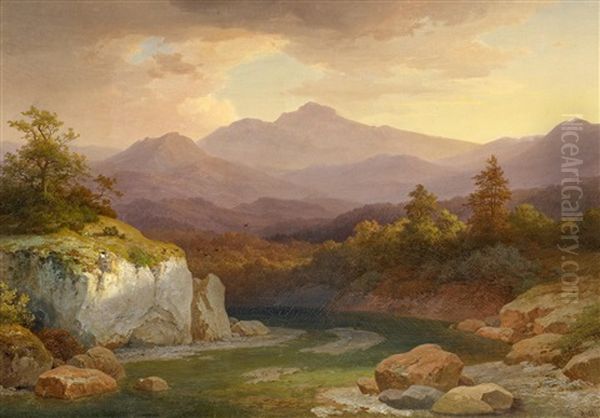 Morgendammerung In Einem Alpental Oil Painting by Adolf Carl