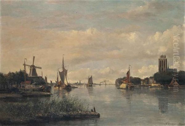 Vessels On The Oude Maas Before The Grote Kerk, Dordrecht Oil Painting by Francois Carlebur II