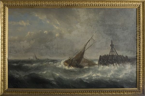 Boat Rounding A Buoy In Stormy Seas Oil Painting by Francois Carlebur II