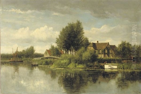 Mansions Along A River In Summer Oil Painting by Francois Carlebur II