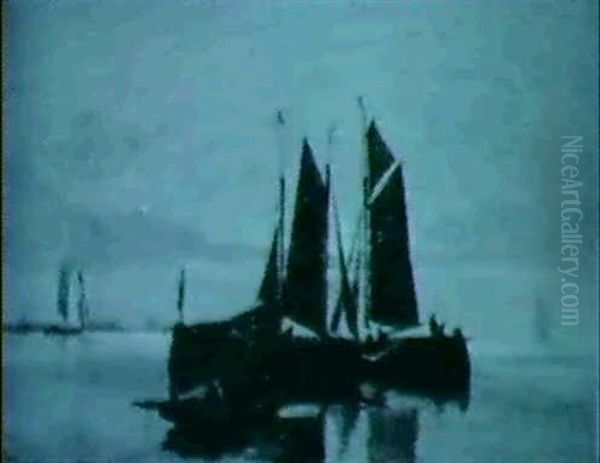 Ships In Moonlit Waters Oil Painting by Francois Carlebur II