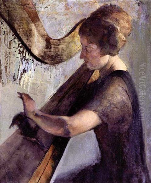 The Harpist - Edna Phillips Rosenbaum (incl. Photos) Oil Painting by Arthur Beecher Carles