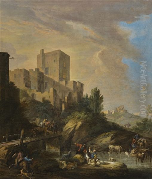 An Italianate Landscape With A Castle On A Hill, And Figures With Animals In The Water And Crossing A Bridge In The Foreground Oil Painting by Luca Carlevarijs