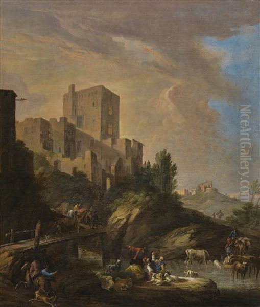 An Italianate Landscape With A Castle On A Hill, And Figures With Animals In The Water And Crossing A Bridge In The Foreground Oil Painting by Luca Carlevarijs