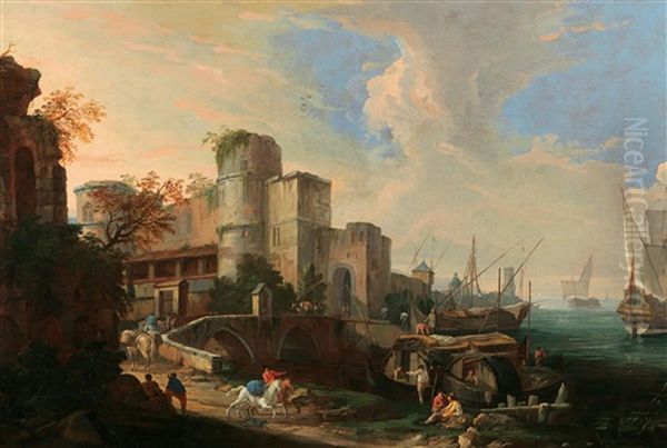 An Idealised Harbour Scene With A Fort And A Horseman In The Foreground Oil Painting by Luca Carlevarijs