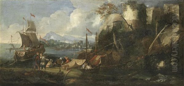 A Capriccio View Of A Port With Stevedores Loading Barges In The Foreground Oil Painting by Luca Carlevarijs