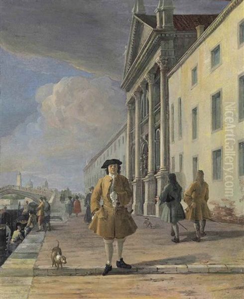 Elegant Gentleman Promenading On The Fondamenta Nuove, Venice, By The Church Of San Lazzaro Dei Mendicanti Oil Painting by Luca Carlevarijs