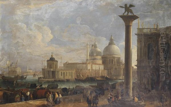 A View Of The Molo And Piazzetta, Venice, Looking Towards Santa Maria Della Salute And The Dogana Oil Painting by Luca Carlevarijs