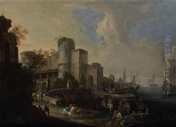 A Coastal Inlet With A Horseman Crossing A Bridge In The Foreground Oil Painting by Luca Carlevarijs