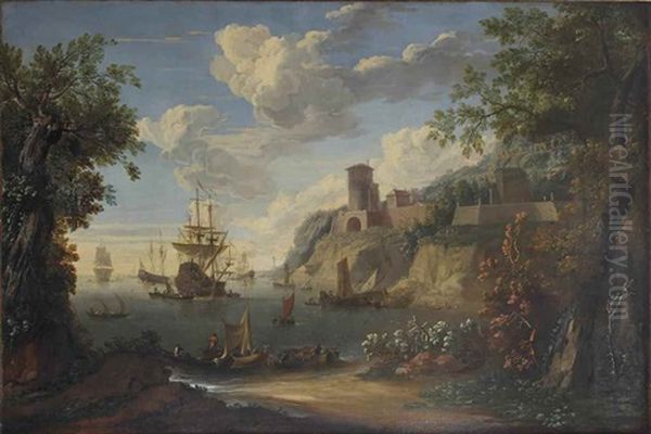 An Italianate Landscape With Shipping Activities In A Rocky Inlet, A Fortified Town With A Temple On The Rocks Beyond Oil Painting by Luca Carlevarijs