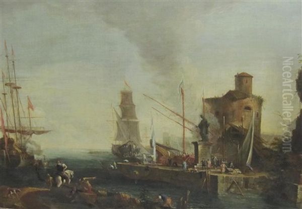 A Classical Seaport With Figures And Horse On A Quay Oil Painting by Luca Carlevarijs