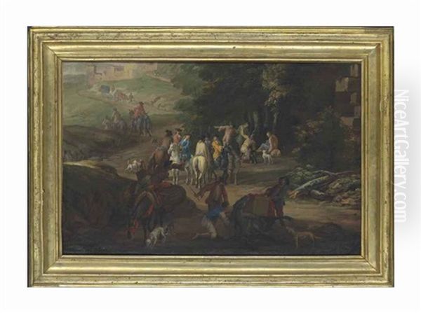 Muleteers Attending To A Fallen Packhorse On A Path, A Hunting Party Beyond - A Fragment Oil Painting by Luca Carlevarijs