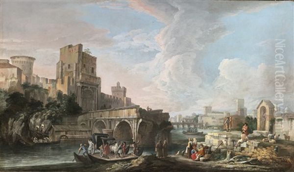 River Landscape With A Capriccio View Of The Ponte Rotto, Rome Oil Painting by Luca Carlevarijs