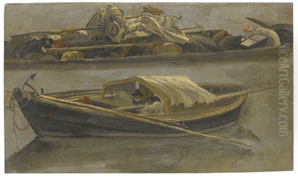 A Boat With Two People Seated Inside And A Barge With Merchandise Oil Painting by Luca Carlevarijs