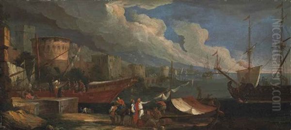 A Coastal Landscape With Figures Conversing On The Harbour And Anchored Ships Beyond Oil Painting by Luca Carlevarijs