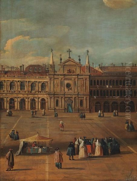 Ansicht Der Fassade Von San Giminiano Mit Den Prokuratien Links Und Rechts Oil Painting by Luca Carlevarijs