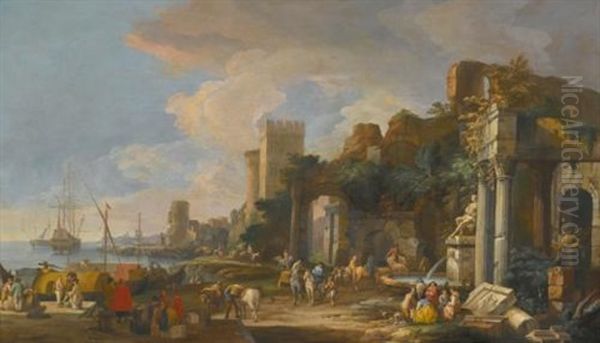 Capriccio View Of A Mediterranean Port Oil Painting by Luca Carlevarijs