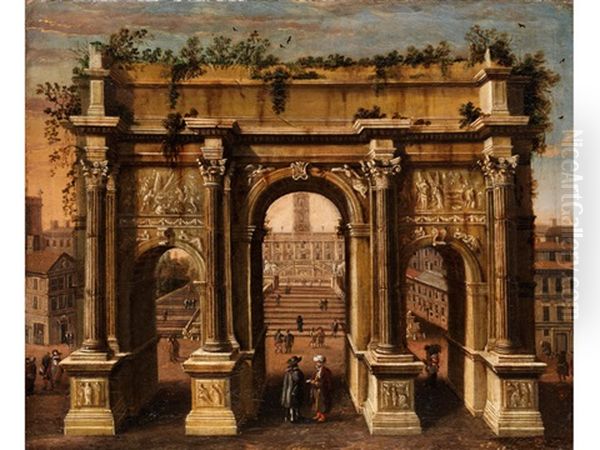 Idealisierter Romischer Prospekt: Ansicht Des Romischen Septimus-severus-bogens Mit Blick Auf Das Kapitol Oil Painting by Luca Carlevarijs