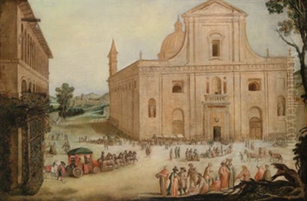 Viele Figuren, Eine Sechsspannige Karosse Und Eine Von Zwei Pferden Getragene Sanfte Auf Dem Platz Vor Einer Kirche Oil Painting by Luca Carlevarijs