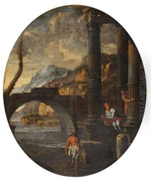 Personnages Pres De Ruines Antiques Oil Painting by Luca Carlevarijs