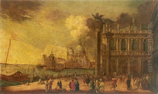 La Piazzetta Con La Biblioteca Marciana, In Fondo L'ingresso Al Canal Grande Con La Punta Della Dogana E La Chiesa Della Salute A Venezia Oil Painting by Luca Carlevarijs